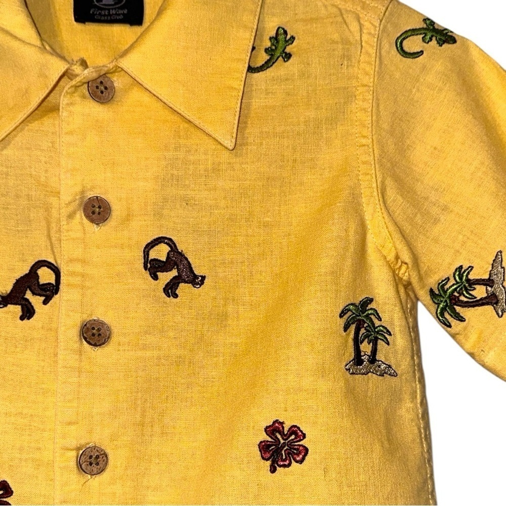 First Wave Boys Yellow Linen Blend Button Down Shirt Size 3 Embroidered - Picture 2 of 5